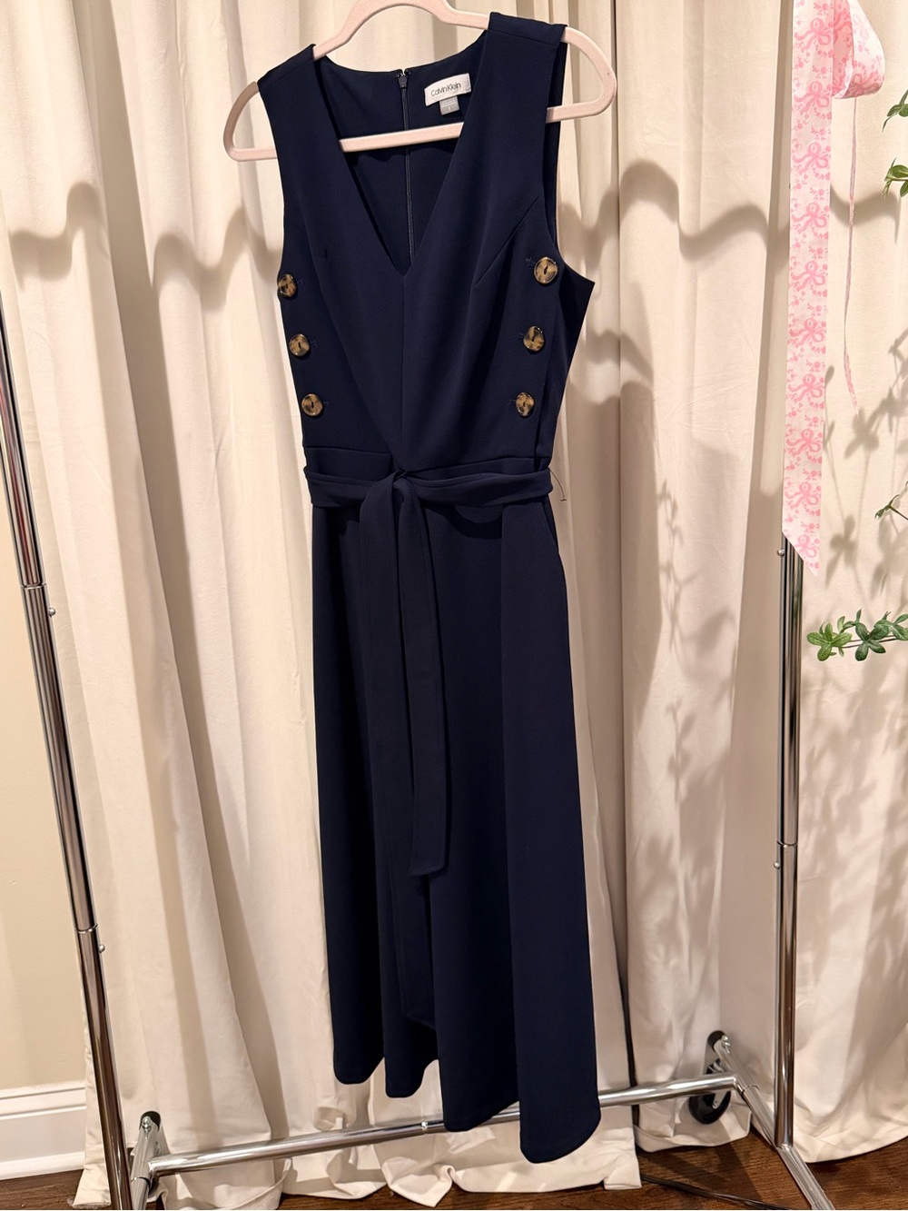 Calvin Klein Navy Sleeveless Midi Dress with Waist Tie and Button Detail